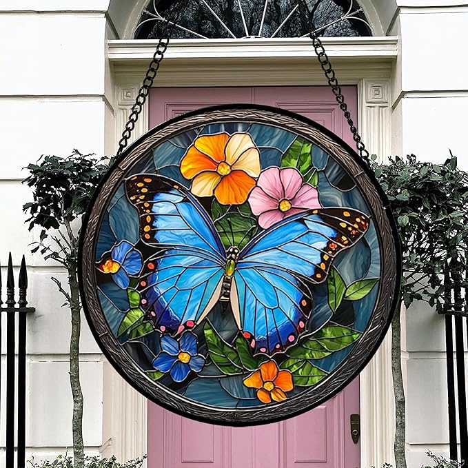 HWRHTR Stained Glass Window Hanging, Blue Butterfly Flower Suncatcher for Doors Home Sun Catchers Decoration and Christmas, Mother's Day Birthday Gifts for Women, Men, and Mom 14.9 in