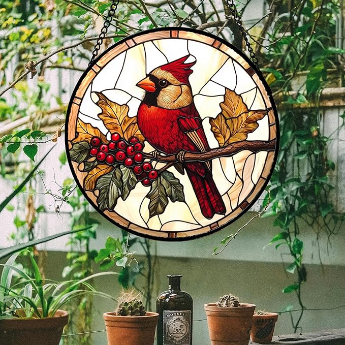 DASTOLL Stained Glass Window Hanging, Birds on a Branch Cardinal Sun Catchers Diamond Glass Panel Hangings Suncatcher Decor for Birthday for Women, Men, Wife, Aunt, and Mom 14.9x14.9 in