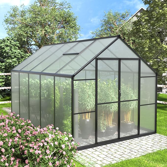 MUPATER 8 x 10 FT Heavy Duty Greenhouse, Walk-in Greenhouse with Lockable Door and Adjustable Roof Vent, Polycarbonate Green House Kit with Aluminum Frame, for Backyard, Garden, Outdoor, Grey