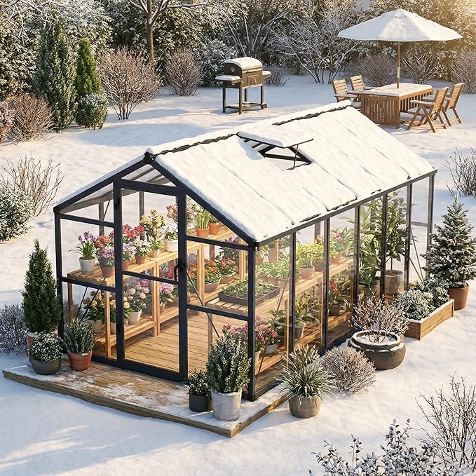 8x12 FT Greenhouse, Polycarbonate Walk-in Greenhouse for Outdoors with Roof Vent & Lockable Outward-Opening Swing Door, Heavy-Duty Aluminum Green House for Garden, Backyard, Patio, Lawn, Dark Grey