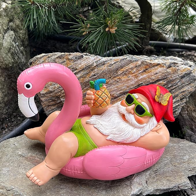 Mood Lab Garden Gnome on Flamingo - Funny Gnome Figurine - 8 Inch Depth Lawn Statue - for Outdoor or House Decor