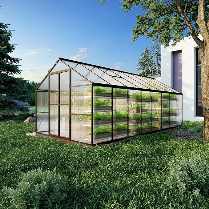 8X16 FT Greenhouse, Walk in Greenhouse with Roof Vent and Rain Gutter, Quick Setup Aluminum Large Polycarbonate Greenhouses for Outdoor Backyard Garden, Black (189" W x 96" D x 77" H)