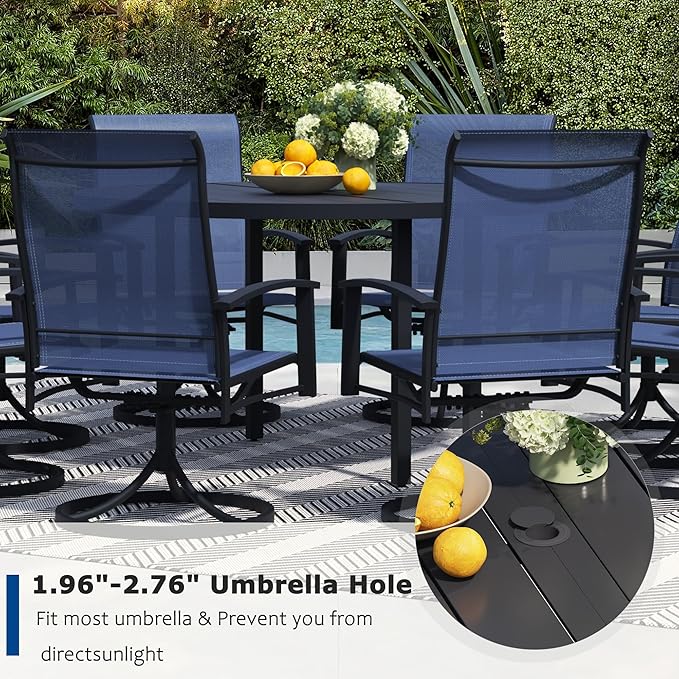 5 Pieces Outdoor Table and Chairs for 4, 42" Black Round Table with 4 Blue Swivel Chairs, Patio Set with Swivel Chair, Garden Tables for Outdoor, Patio Dining Set for Lawn Backyard Poolside