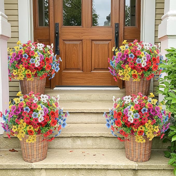 Artificial Flowers Outdoors Faux Plants UV Resistant 6 Bundles Plastic Flowers Outdoors Fake Greenery Outside Silk Flowers Home Decorations for Garden Yard Porch Planters, 6 Bundles (Multicolor)