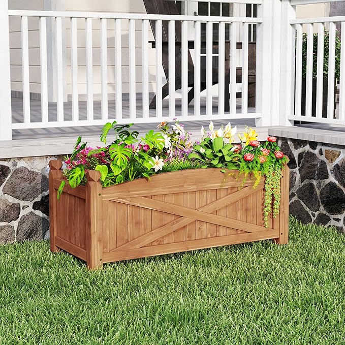 HAPPYGRILL Wooden Raised Garden Bed, Solid Wood Gardening Plant Container w/Drainage Holes for Flower Vegetable Fruit, Outdoor Elevated Planter Box for Patio Garden Yard Balcony (36”x 16”x 15”)