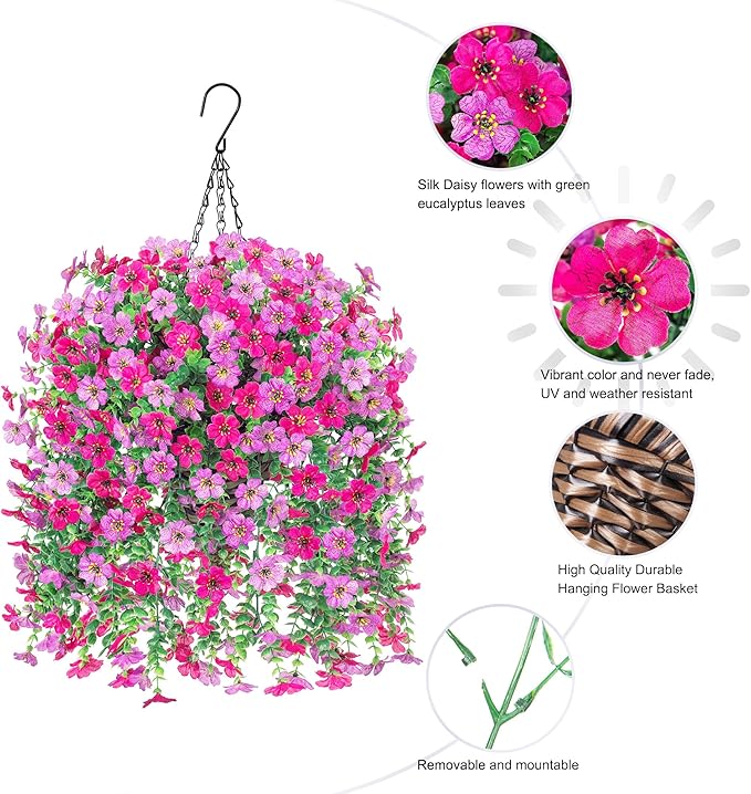 HyeFlora Artificial Hanging Flowers Basket for Outdoor, Fake Flowers Faux Plants Look Real for Yard Gardens Porch Patio Home (Purple+Hotpink)
