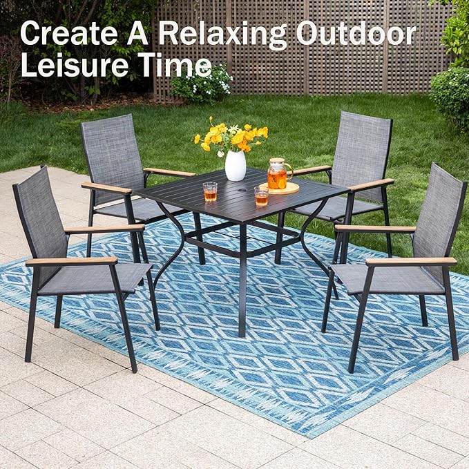 PHI VILLA Patio Dining Chairs Set of 4, Outdoor Lightweight Stackable Chair, All-Aluminum Frame and Sling Fabric, Wood-Like Armrest & Wider Seat for Deck Backyard Restaurant, Grey