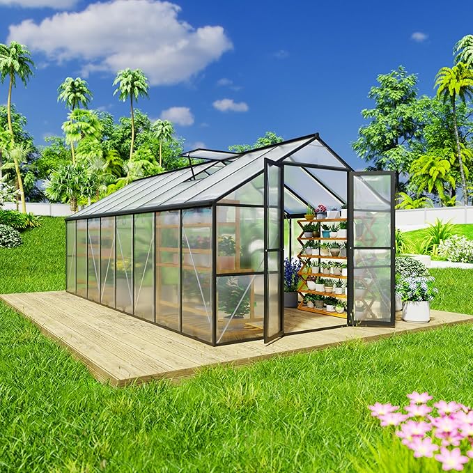 8 x 16 FT Outdoor Greenhouse, Heavy-Duty Polycarbonate Greenhouse with Aluminum Frame, Lockable Door, Adjustable Roof Vent, Walk-in Green House for Backyard, Garden, Patio