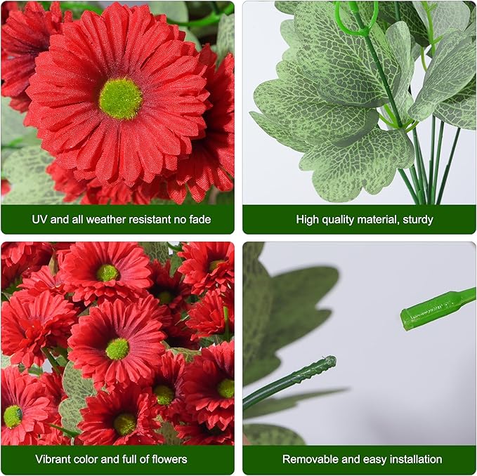 HyeFlora Artificial Dahlia Flowers for Outdoors Faux Plants Spring Decor, 6 Bundles Red Fake Silk Flowers for Outside Realistic UV Resistant for Planter Front Door Porch Patio Balcony Yard Home