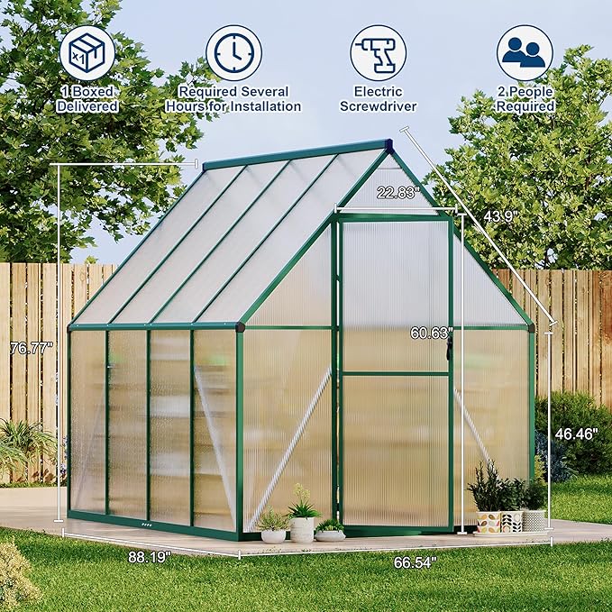 Polycarbonate Greenhouse for Outdoors, Large Walk-InGreenhouse with Quick Setup Structure and Roof Vent, Greenhouse with Ventilation