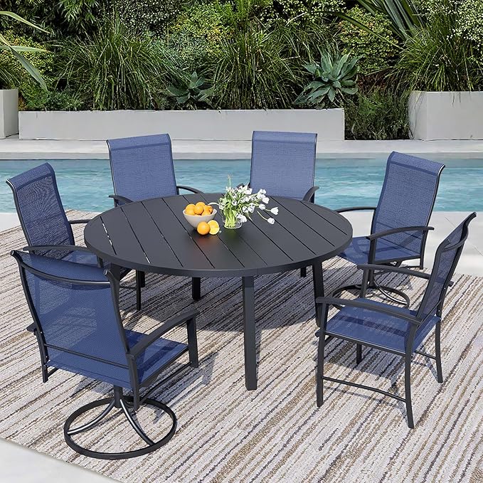 7 Pieces Outdoor Table and Chairs for 6, 47" Black Round Table with 2 Blue Swivel and 4 Big Chairs, Patio Dining Set with Swivel Chair