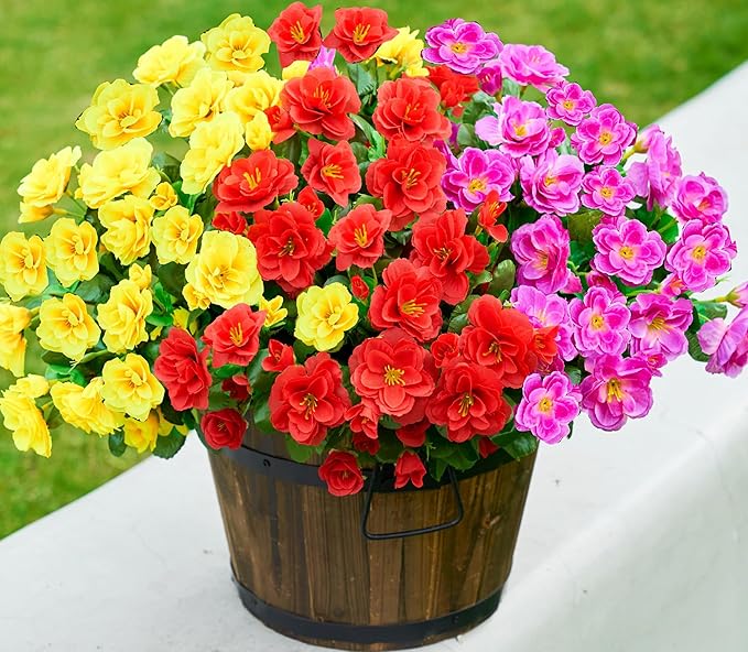 Ivydale Artificial Faux Flowers Plants for Outdoor Outside for Spring Decor,Fake Silk Colorful Camellia UV Resistant Look Real for Planter Pot Porch Patio Balcony Garden Yard Home, 3 Large Bundles