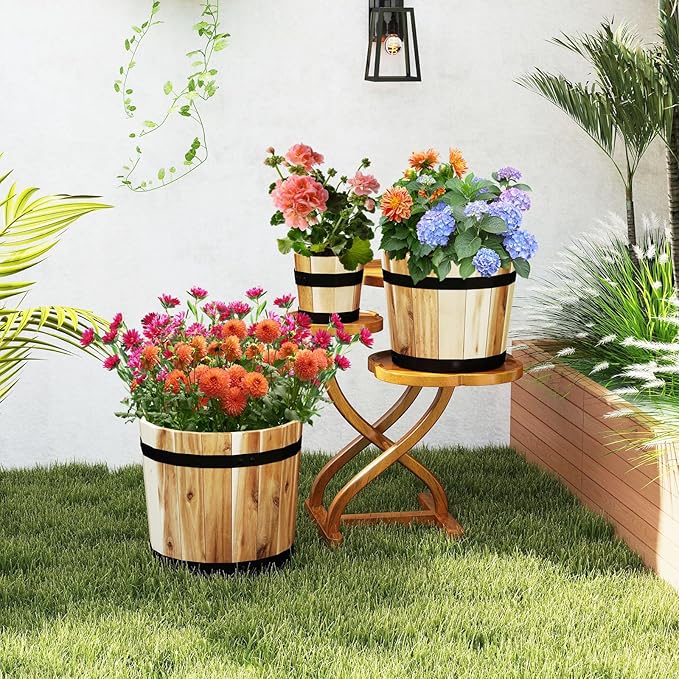 Giantex Set of 3 Barrel Planters, Outdoor Acacia Wood Raised Garden Bed for Flower Vegetable Fruit, Whiskey Bucket Shape Planter Boxes in Different Sizes for Patio Porch Balcony Yard (Natural)