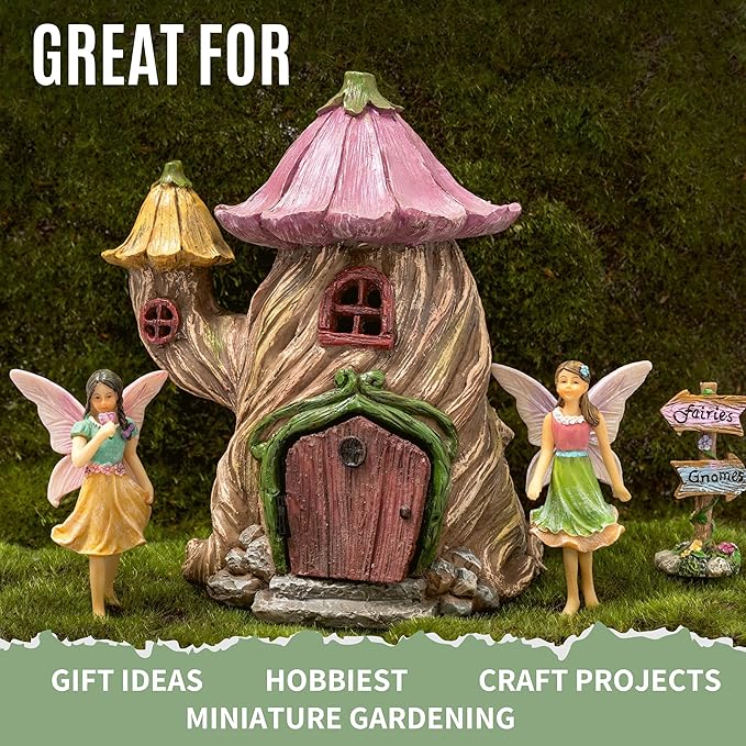 PRETMANNS Fairy House Kit - Fairy Garden Accessories for Outdoor Miniature Village Decor, with Fairies & Sign - Flower Stump House, 7" High & Door can Open Wide - 4 Piece Supplies