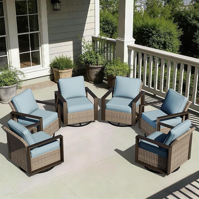 Joyside Outdoor Patio Swivel Rocker Chairs Set, 6 Pieces Wicker Rattan Chairs with Metal Wide Armrest, Thick Cushions and Deep Seating for Garden, Backyard, Porch, Deck