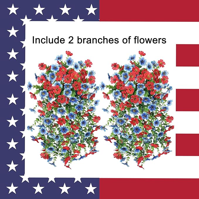 HyeFlora Faux Flowers for Outdoors Decoration, 2Pcs Artificial Fake Hanging Spring Summer Decor, Red and Blue Realistic Plants, UV & Fading Resistant Silk Flower for Porch Patio Balcony Planter Yard