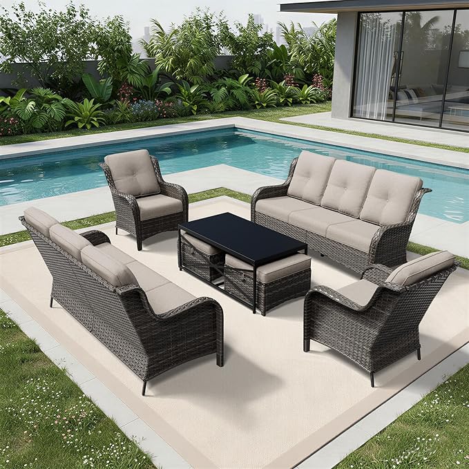 Joyside 7 Piece Wicker Patio Furniture Set, Rattan Patio Chairs with High Back, Deep Seating, Wide Armrest, Thickened Cushions, Outdoor Furniture for Deck, Porch Use