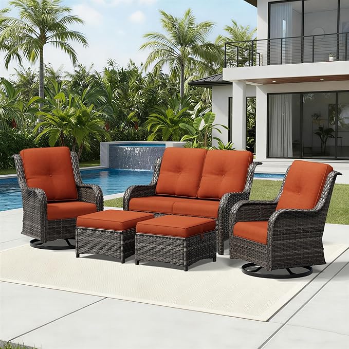 Joyside 5 Piece Wicker Patio Furniture Set, Outdoor Swivel Rocker Patio Chairs with High Back, Deep Seating, Wide Armrest, Thickened Cushions, Outdoor Furniture for Deck, Porch Use