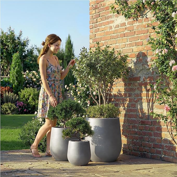 DTY Signature Mount Wilson 11''D x 11.8''H Modern Indoor Outdoor Fiberstone Tapered Planter, Lightweight, Weather Resistant Garden Pot with Drainage Hole & Rubber Plug - Gray, Small
