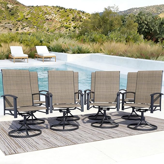 Patio Swivel Chairs Set of 8, All-Weather Metal Outdoor Dining Set with Breathable Mesh Seat, Lightweight Mocha Swivel Bistro Chairs for Garden, Deck, Porch - Cool & Comfortable Relaxation
