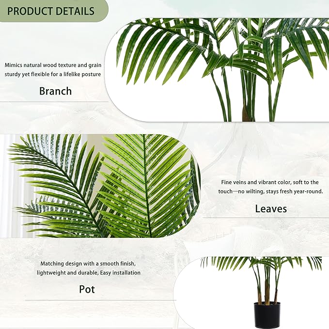 2 Pack Artificial Palm Tree 4FT Artificial Plants Indoor Tropical Fake Palm Tree Areca Floor Plant in Black Pot with 13 Trunks & Real Bark Design, Faux Palm Plant for Outdoor Patio Home Office Decor