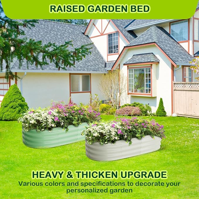 2 Pcs 4.5x2x1.5ft Oval Galvanized Raised Garden Beds, Metal Planter Boxes with Open Base, Tool-Free Assembly for Vegetables, Flowers, Herbs - Outdoor & Patio Use, Green