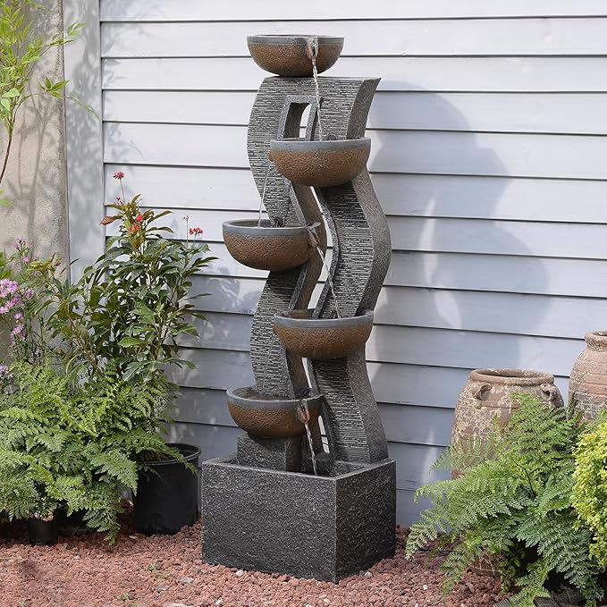 52.8" Tall Outdoor Water Fountain and Waterfall with LED Lights, Cascading Bowl Garden Waterfall Fountain for Patio, Garden, or Porch Decor – Large Freestanding Resin Water Feature for Backyard