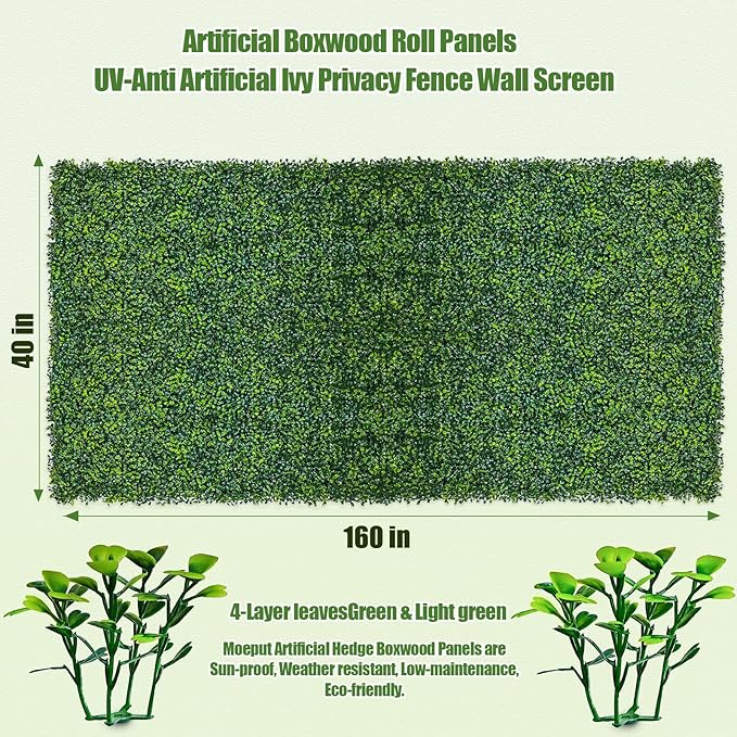 Moeput Artificial Ivy Privacy Fence Screen, 40X160 in(43 sqft) UV-Anti Faux Boxwood Roll Panels Greenery Backdrop Vine Leaf Fence Panels Ivy Fence Covering Privacy