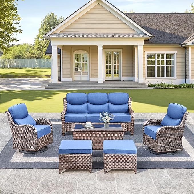 Luxury High Back Outdoor Furniture with 6-Inch Thick Cushions, Patio Furniture Set with Swivel Chairs, 6 PCS Wicker Conversation Set for Porch, Balcony, Deck and Yard