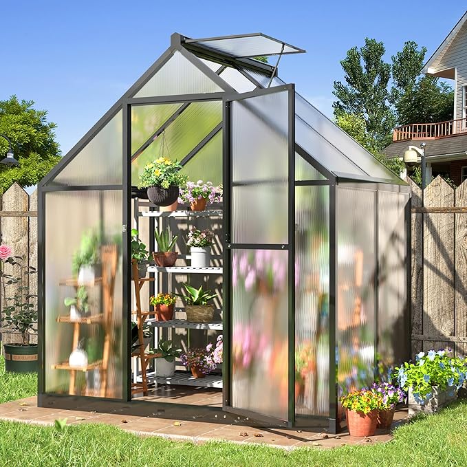 WKM 4x6 FT Greenhouse for Outdoors, Quick-fit Structure Polycarbonate Green House with Window for Ventilation, Walk-in Aluminum Greenhouse for Outsides Garden Backyard, Black