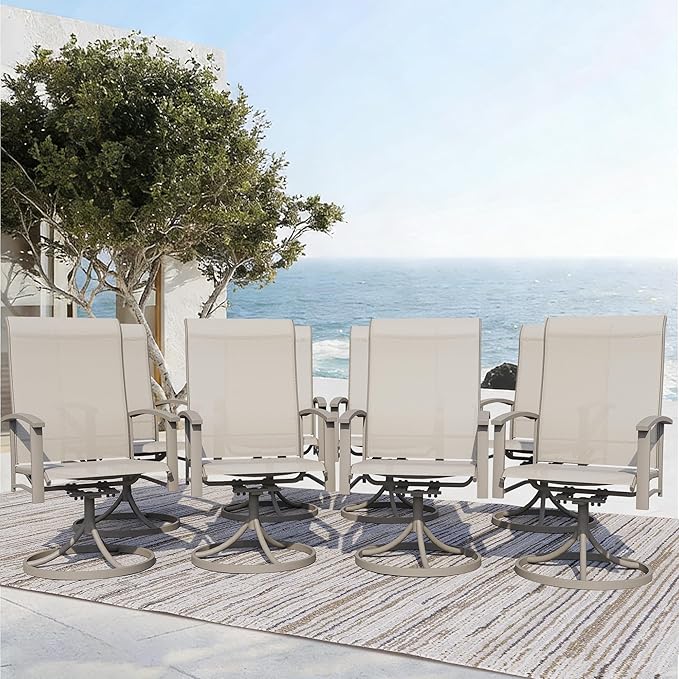 Outdoor Swivel Dining Chair Set of 8, All Weather Patio Dining Chair with Textilene High Back and Metal Frame for Backyard, Lawn Garde and Deck, Beige Ivory