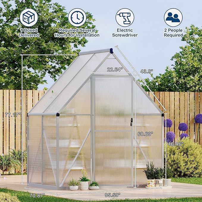 Polycarbonate Greenhouse for Outdoors, Large Walk-InGreenhouse with Quick Setup Structure and Roof Vent, Greenhouse with Ventilation