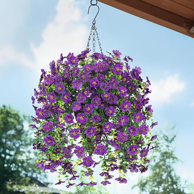 HyeFlora Artificial Hanging Flowers Basket for Outdoor, Fake Flowers Faux Plants Look Real for Yard Gardens Porch Patio Home (Darkpurple)