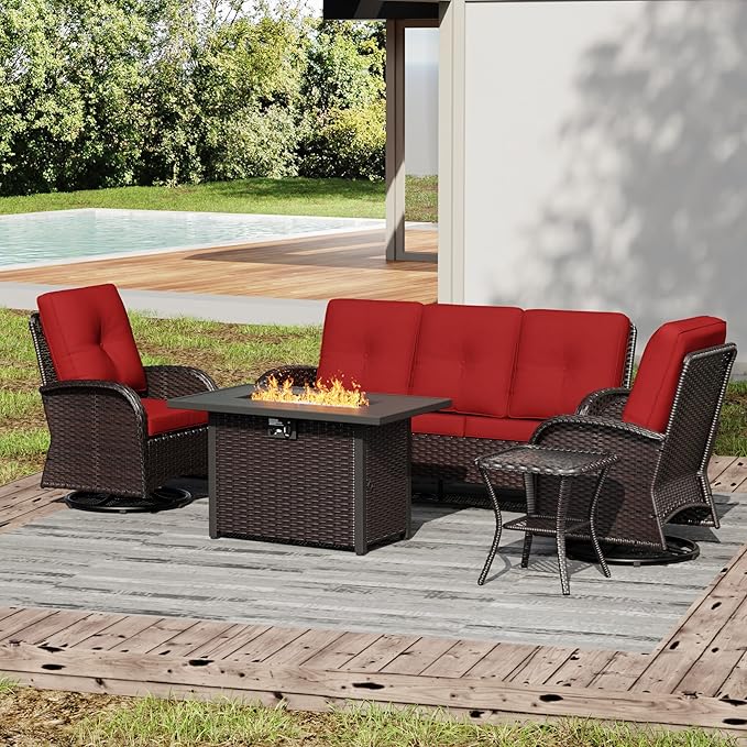 Joyside Wicker Patio Furniture Set with Fire Pit Table, 5 Piece Outdoor Furniture Set with Thickened Cushions, High Back, Deep Seating, Wide Armrest, Outdoor Swivel Rocker Chairs for Porch, Deck