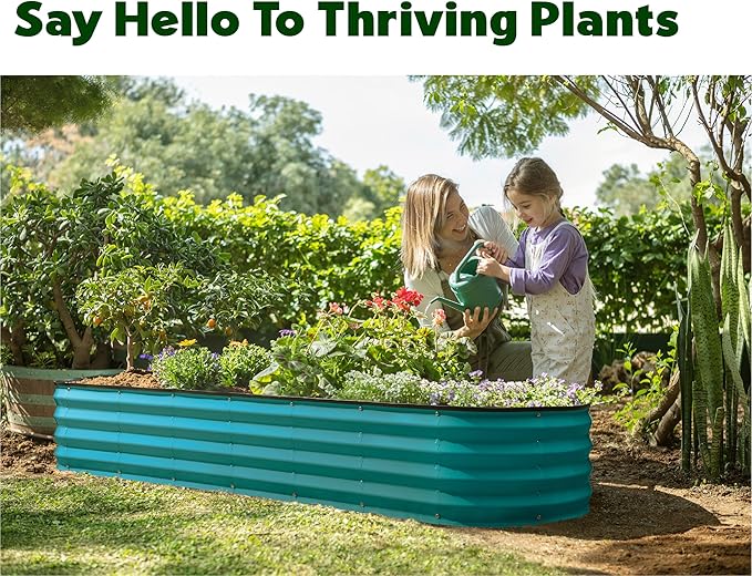 Plant & Plot Galvanized Raised Garden Beds Outdoor // 8×2×1 ft Planter Raised Beds for Gardening, Vegetables, Flowers // Large Metal Garden Box (Turquoise) // Patented Tool-Free Design