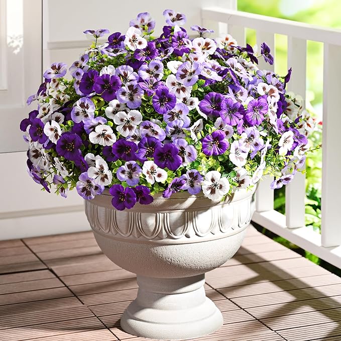 Waipfaru 36 Bundles Artificial Pansy Flowers for Outdoor, UV Resistant Faux Silk Flowers for Outdoor Planters Front Door Porch Yard Patio Window Box Home Decor (White, Purple, Light Purple)