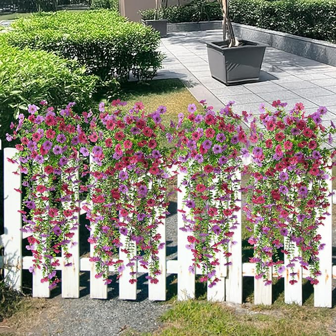 Artificial Hanging Flowers Plants for Outdoor Spring Summer Decoration, 2PCS Faux Silk Daisy UV Resistant Look Real for Outside Home Indoor Planter Porch Garden Yard Decor(Light Purple Red)