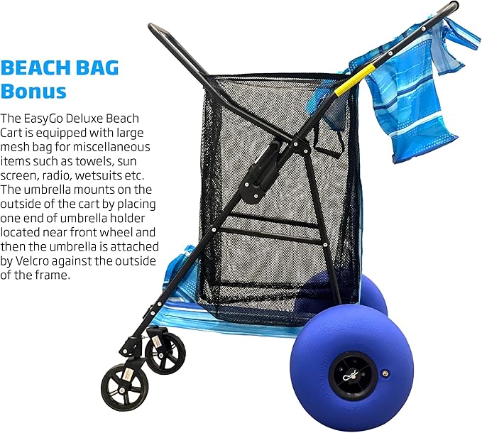 Beach Cart Balloon Wheel Deluxe Heavy Duty Folding Ocean Utility 13” x 7” Sand Wheels Holds 4 Folding Chairs Umbrella Holder Removable Beach Bag Blue Striped Pattern