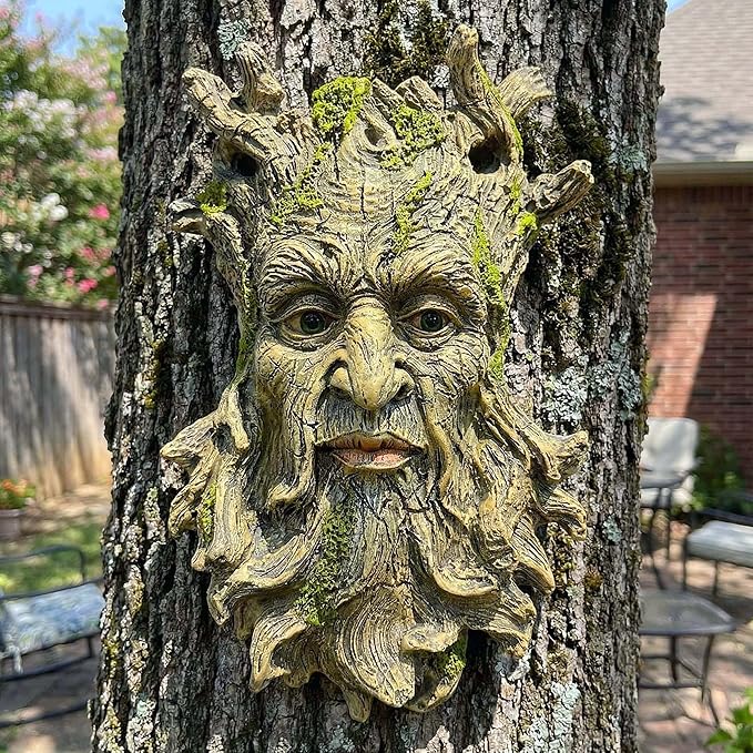 10.3" Whimsical Tree Face Sculpture, Garden Peeker Statue, Outdoor Trunk Tree Huggers Art, Landscape Accent Ornament, Hanging Fairy Elve Figurine for Yard Art, Trees Decor Wall Mounted Statues