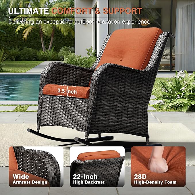 Joyside 3 Piece Wicker Patio Furniture Set, Outdoor Rocking Chair with High Back, Deep Seating, Wide Armrest, Thickened Cushions, Outdoor Rattan Furniture for Deck, Porch Use