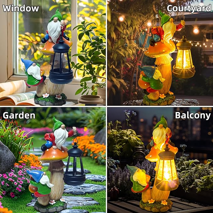 Funny Garden Gnomes Outdoor Climbing on Mushroom with Holding a Solar LED Lantern Resin Mushroom Statue for Patio Yard Lawn Porch Decor