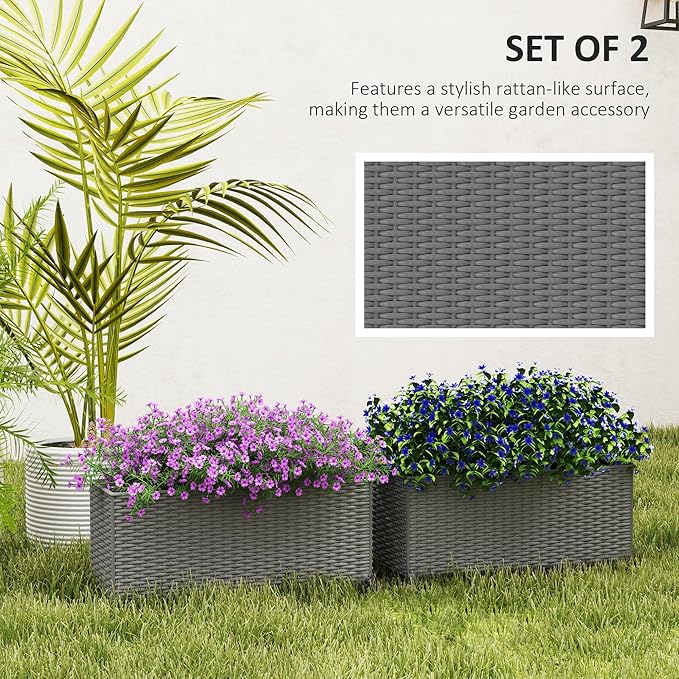 Outsunny Railing Planter Box (2 Pack, 20 Inch), Hanging Flower Pots with Hooks, Drainage Holes for Fence, Balcony, Garden, Patio, Rattan Look, Gray