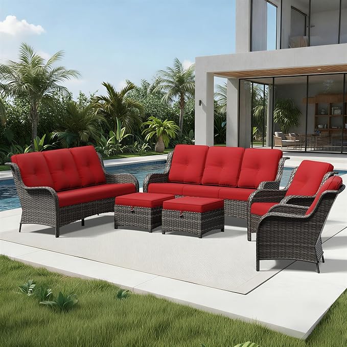Joyside 6 Piece Wicker Patio Furniture Set, Rattan Patio Chairs with High Back, Deep Seating, Wide Armrest, Thickened Cushions, Outdoor Furniture for Deck, Porch Use