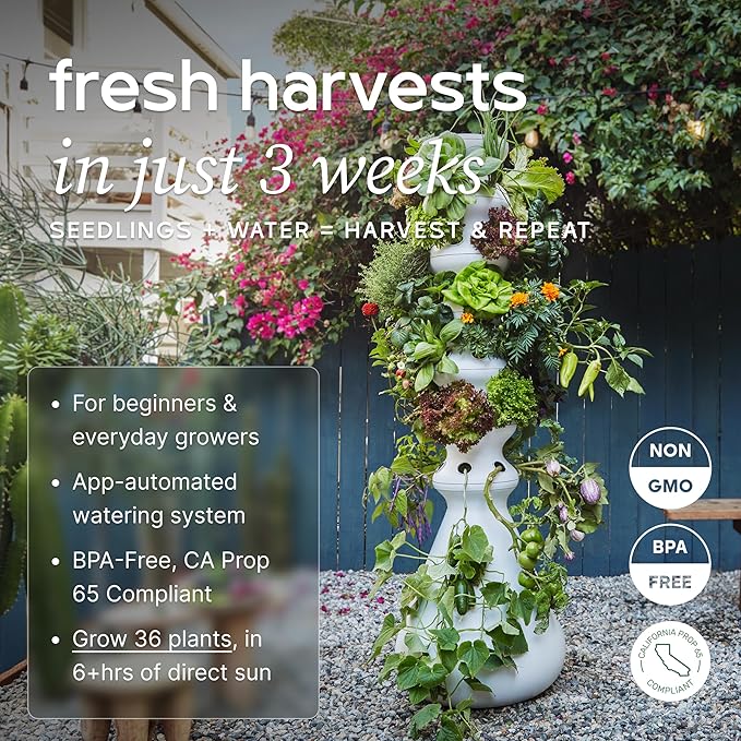 Farmstand Starter Kit + 36 Seedling Credits | Large Hydroponic Growing System Kit | Self-Watering Outdoor Vertical Garden Planter Tower | 6ft 1in | Made in USA