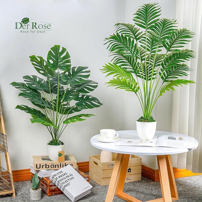 Der Rose 2Pcs Fake Plants 28'' Large Artificial Palm Tree and Faux Plants Indoor Tall in White Pots for Home Office Bathroom Patio Floor Outdoor Decor