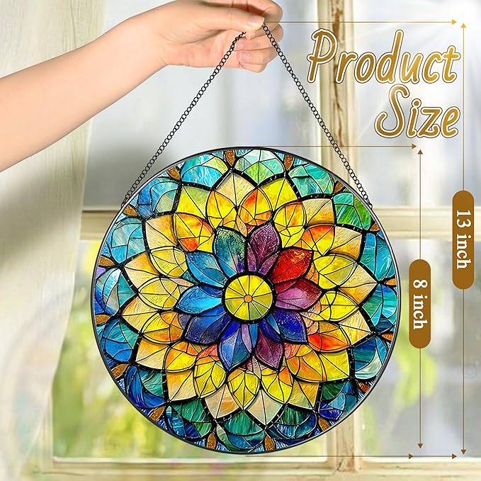 LAOWEIKI 8'' Rainbow Mandala Sun Catcher Ornament, Stained Glass Window Hanging, Sun Catchers for Windows Hanging Ornaments, Window Decor, Ideal Gift | Colorful Spiritual Gifts for Her