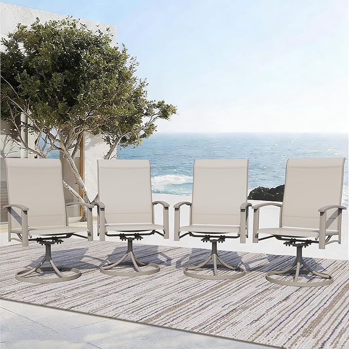 Outdoor Swivel Dining Chair Set of 4, All Weather Patio Dining Chair with Textilene High Back and Metal Frame for Backyard, Lawn Garde and Deck, Beige Ivory