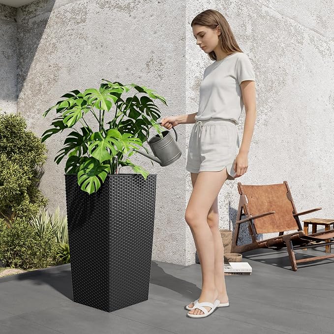 Vigo huseeo 23in Tall Planter Set of 2, Large Self Watering Pots for Indoor/Outdoor Plants with Drain Holes, Water Level Monitor, Inner Bucket for Front Porch Patio, Black Rattan