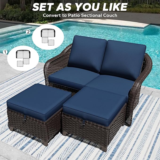 3 Pieces Patio sectional Sofa Set, Outdoor Conversation Furniture Set, 55" Patio Couch with 2 Ottomans, Rattan Wicker Sofa with Removable Cushions for Bistro, Deck (Navy Blue)