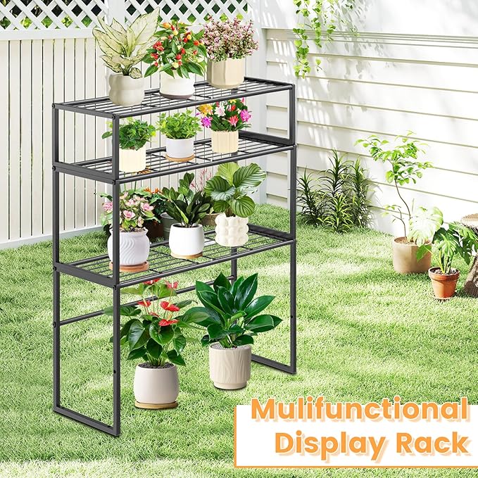 Gouisalin 3 Tier Metal Plant Stand Indoor Outdoor, Potted Multiple Flower Pot Holder Rack Plant Shelf, Heavy Duty Planter Display Shelving for Patio Balcony Garden Living Room Decorative (3 Tier- Black)
